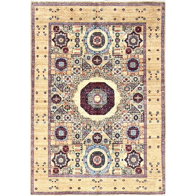 5'x7' Powder White, Vegetable Dyes, Hand Knotted, Natural Wool, 14th Century Mamluk Dynasty Pattern, 200 KPSI, Oriental Rug FWR515166