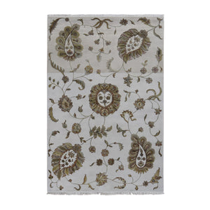 6'x9'2" Timberwolf Gray, Open and Large Leaf and Flower Rajasthan Design, On Clearance, No Border, Wool and Silk, Hand Knotted, Oriental Rug FWR522102