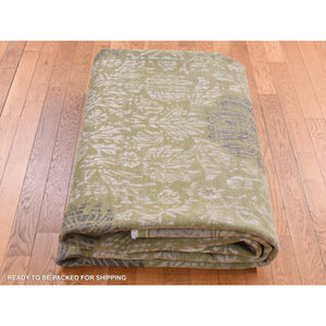 8'9"x12'1" Artichoke Green, Silk with Textured Wool, Abrash and Flower Artistic Motifs, Hand Knotted, Oriental Rug FWR522426