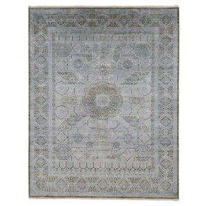 9'x11'7" Cadet Gray, Silk with Textured Wool, Mamluk Design, Hand Knotted, Oriental Rug FWR522450