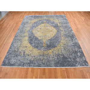 9'x11'10" Carbon Gray with Gold, Persian Medallion Design, Wool and Pure Silk, Hand Knotted, Oriental Rug FWR522534