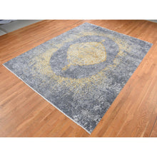 Load image into Gallery viewer, 9&#39;x11&#39;10&quot; Carbon Gray with Gold, Persian Medallion Design, Wool and Pure Silk, Hand Knotted, Oriental Rug FWR522534