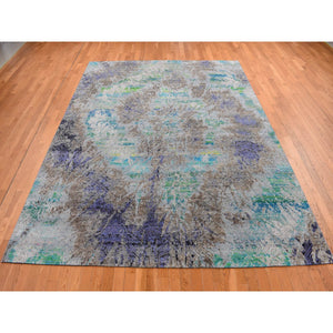 8'9"x11'10" Battleship Gray, Diminishing Coins, Sari Silk with Textured Wool, Hand Knotted, Oriental Rug FWR522582