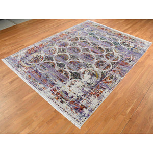 9'x12' Little Princess Purple, COLORFUL ERASED ROSSETS, Sari Silk with Textured Wool, Hand Knotted, Oriental Rug FWR522696