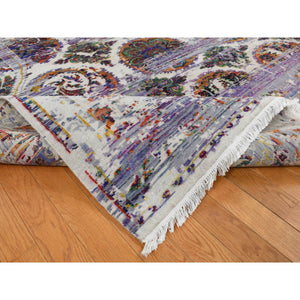 9'x12' Little Princess Purple, COLORFUL ERASED ROSSETS, Sari Silk with Textured Wool, Hand Knotted, Oriental Rug FWR522696