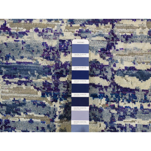 9'x12'2" Yale Blue with Purple, Diminishing Bricks Design, Sari Silk, Hand Knotted, Oriental Rug FWR522708
