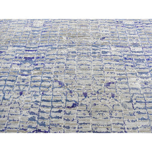 9'x12'2" Yale Blue with Purple, Diminishing Bricks Design, Sari Silk, Hand Knotted, Oriental Rug FWR522708