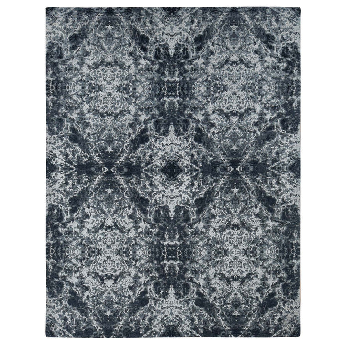 9'2''x12' Metal Black, Hand Knotted, Wool and Silk, Modern Abstract Tie Dye Design, Oriental Rug FWR522714