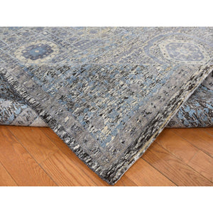 8'8"x11'10" Columbia Blue, Silk with Textured Wool, Hi-Low Pile, Mamluk Dynasty Design, Hand Knotted, Oriental Rug FWR522858