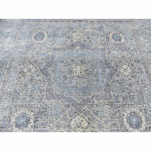 8'8"x11'10" Columbia Blue, Silk with Textured Wool, Hi-Low Pile, Mamluk Dynasty Design, Hand Knotted, Oriental Rug FWR522858