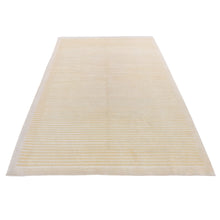 Load image into Gallery viewer, 5&#39;5&quot;x8&#39;2&quot; Cream Color, On Clearance, Modern, Cut and Loop Striped Design, Pure Wool, Hand Knotted, Oriental Rug FWR522990