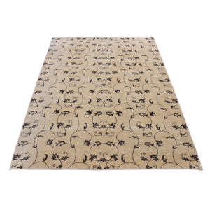 4'7"x6'4" Beige, scroll and branch design, tone on tone, Hand Knotted Pure Wool Oriental Rug FWR523194
