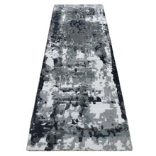 Load image into Gallery viewer, 2&#39;6&quot;x7&#39;7&quot; Eerie Black, Hi-Low Pile, Abstract Design, Wool and Silk, Hand Knotted, Runner Oriental Rug FWR523254