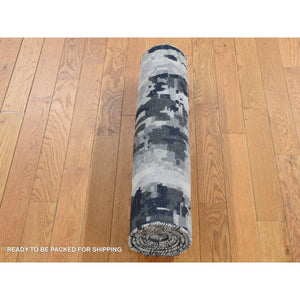 2'6"x7'7" Eerie Black, Hi-Low Pile, Abstract Design, Wool and Silk, Hand Knotted, Runner Oriental Rug FWR523254