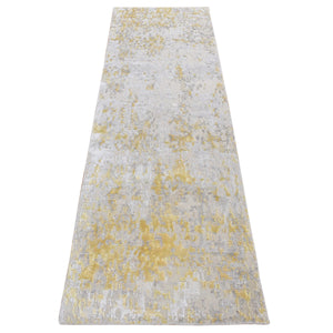 2'4"x7'10" Beige, Hi-Lo Pile, Abstract Design, Wool and Silk, Hand Knotted, Runner Oriental Rug FWR523278