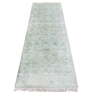 2'6"x8'3" Gin Green, Pure Wool, All Over Tabriz Mahi Fish Design, Hand Knotted, Runner Oriental Rug FWR523416