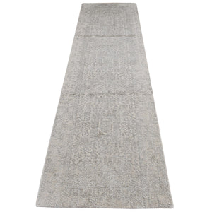 2'5"x10' Parchment White, Wool and Plant Based Silk, Fine Jacquard Hand Loomed with Erased Design, Runner Oriental Rug FWR523578