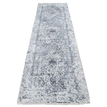 Load image into Gallery viewer, 2&#39;8&quot;x10&#39; Slate Gray, Wool and Pure Real Silk, Hand Knotted, Broken and Erased Persian Design, Runner Oriental Rug FWR523620