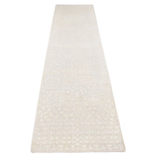 Load image into Gallery viewer, 2&#39;6&quot;x10&#39;1&quot; Parchment White, Hand Knotted, Tone on Tone, Pure Silk with Textured Wool, Runner Oriental Rug FWR523632