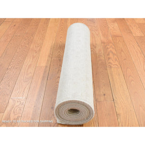 2'6"x10'1" Parchment White, Hand Knotted, Tone on Tone, Pure Silk with Textured Wool, Runner Oriental Rug FWR523632