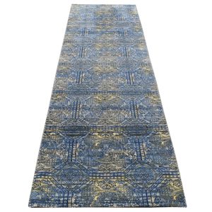 2'8"x9'1" Sapphire Blue, Repetitive Rosette Design, Silk With Textured Wool, Hand Knotted, Runner Oriental Rug FWR523674