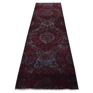 2'9"x9'9" Burgundy Red, Large Flower Design, Wool and Silk, Tone on Tone, Handmade, Runner Oriental Rug FWR523716