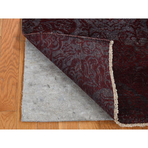 2'9"x9'9" Burgundy Red, Large Flower Design, Wool and Silk, Tone on Tone, Handmade, Runner Oriental Rug FWR523716
