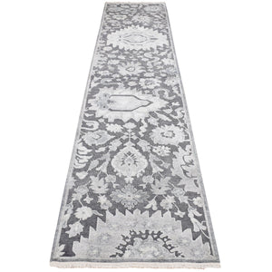 2'6"x11'10" Nevada Gray, Hand Knotted, Oushak Influence, Silk with Textured Wool, Runner Oriental Rug FWR523842