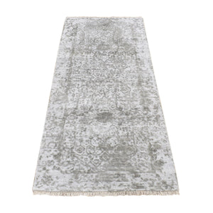 2'7"x6' Smokey Gray, Hand Knotted, Wool and Pure Silk, Broken and Erased Persian Design, Runner Oriental Rug FWR523998