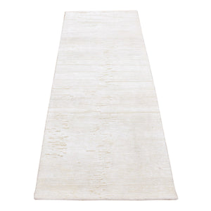 2'6"x6'5" Ivory, Silk with Textured Wool, Tone on Tone Striae Design, Hi-Lo Pile, Hand Knotted, Runner Oriental Rug FWR524010