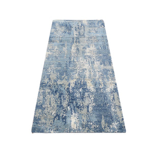 2'7"x6'1" Yale Blue, Abstract Design, Wool and Pure Silk, Hand Knotted, Runner Oriental Rug FWR524016