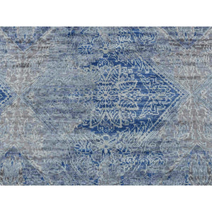 2'6"x6' Yale Blue, Silk with Textured Wool, Broken and Erased Rosette Design, Hand Knotted, Runner Oriental Rug FWR524022