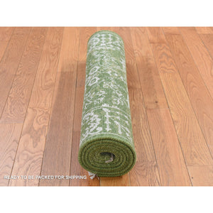 2'6"x6' Olive Green, Tabriz Tone on Tone, Wool and Silk, Hand Knotted, Runner Oriental Rug FWR524064