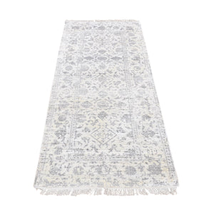 2'6"x6' Ivory, Broken and Erased Tone on Tone Persian Fish Mahi Pattern, Wool and Silk, Blend, Hand Knotted, Runner Oriental Rug FWR524076