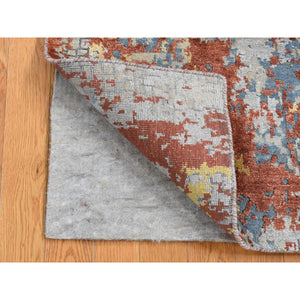 2'6"x5'10" Goose Gray, Wool and Silk, Abstract with Fire Mosaic Design, Hand Knotted, Runner Oriental Rug FWR524106