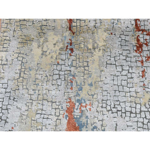 2'6"x5'10" Goose Gray, Wool and Silk, Abstract with Fire Mosaic Design, Hand Knotted, Runner Oriental Rug FWR524106
