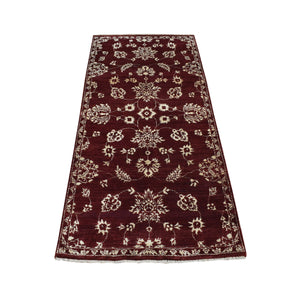 2'8"x6' Sangria Red, Pure Wool, Tone on Tone, Abarasque Design Agra, Hand Knotted, Runner Oriental Rug FWR524124