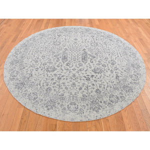 7'9"x7'9" Gainsboro Gray, Jacquard Hand Loomed, Broken Cypress Tree Design, Wool and Silk, Thick and Plush, Round Oriental Rug FWR524154