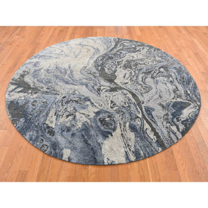 8'1"x8'1" Dallas Cowboys Blue, Geological Galaxy Design, Wool and Pure Silk, Hand Knotted, Round Oriental Rug FWR524172