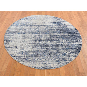 6'x6' Sky Blue, Broken Mosaic Design, Wool and Silk, Hand Knotted, Round Oriental Rug FWR524244