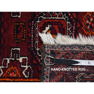 3'4"x5'10" Maroon Red, Vintage Tourkaman Bokara Gul Motif, Pure Wool, Hand Knotted, Wide Runner Oriental Rug FWR524262