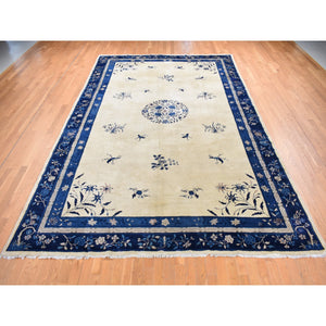 9'x14'2" Cream Color, Antique Chinese Peking with Butterflies, Hand Knotted, Full Pile, Pure Wool, Mint Condition, Clean and Soft, Long and Narrow, Oriental Rug FWR524412