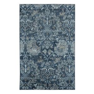 6'x9'5" Arsenic Gray, Hand Knotted, Pure Silk, Intricate Blossom and Hunting Scene Design, Oriental Rug FWR524556