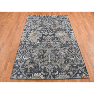 6'x9'5" Arsenic Gray, Hand Knotted, Pure Silk, Intricate Blossom and Hunting Scene Design, Oriental Rug FWR524556