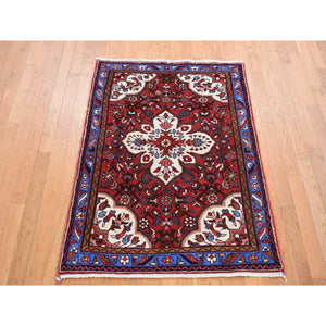 3'7"x5'3" Fire Brick Red, New Bohemian Persian Hamadan, Flower Center Medallion Design, Pure Wool, Hand Knotted, Oriental Rug FWR524664
