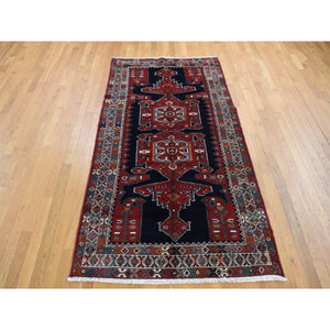 4'8"x9'7" Millennium Blue, New Persian Hamadan with Large Geometric Elements, Pure Wool, Hand Knotted, Gallery Size Runner Oriental Rug FWR524832