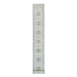 2'6"x22'9" Powder White, Hand Knotted, Nain with Center Medallion Flower Design, 250 KPSI, 100% Wool, XL Runner Oriental Rug FWR540006