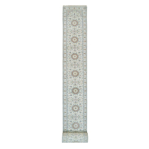 2'6"x32' Powder White, Hand Knotted, Nain with Center Medallion Flower Design, 250 KPSI, Soft Wool, XL Runner Oriental Rug FWR540012