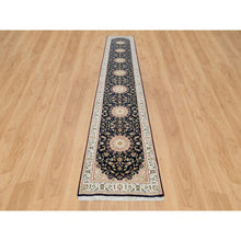 Load image into Gallery viewer, 2&#39;8&quot;x15&#39;10&quot; Midnight Blue, Nain with Center Medallion Flower Design, 250 KPSI, Organic Wool, Hand Knotted, XL Runner Oriental Rug FWR540204