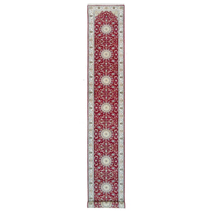 2'8"x17'10" Burgundy Red, Hand Knotted, Nain with Center Medallion Flower Design, 250 KPSI, Organic Wool, XL Runner Oriental Rug FWR540384